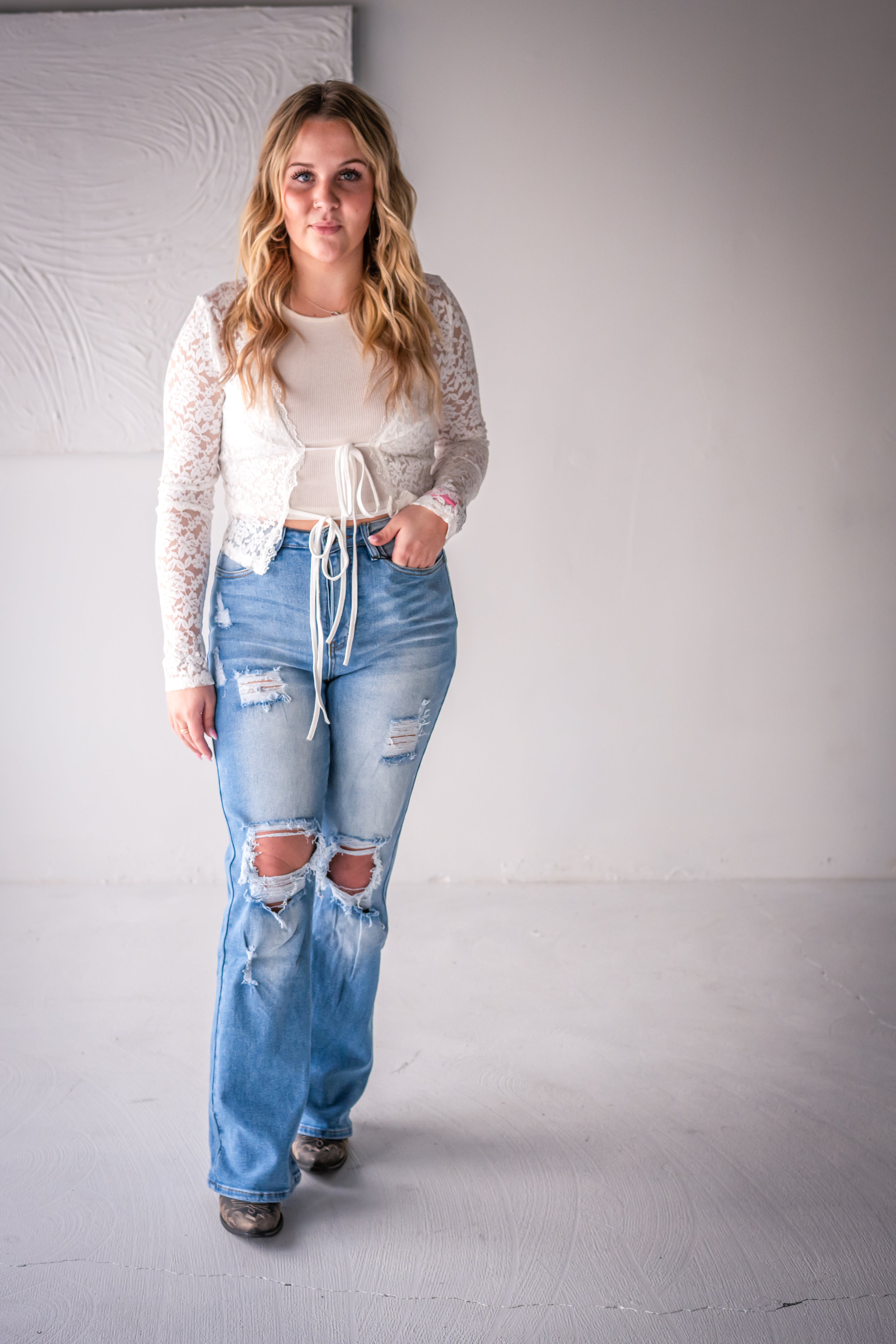 White Lace Tie-Front Top Boho Style