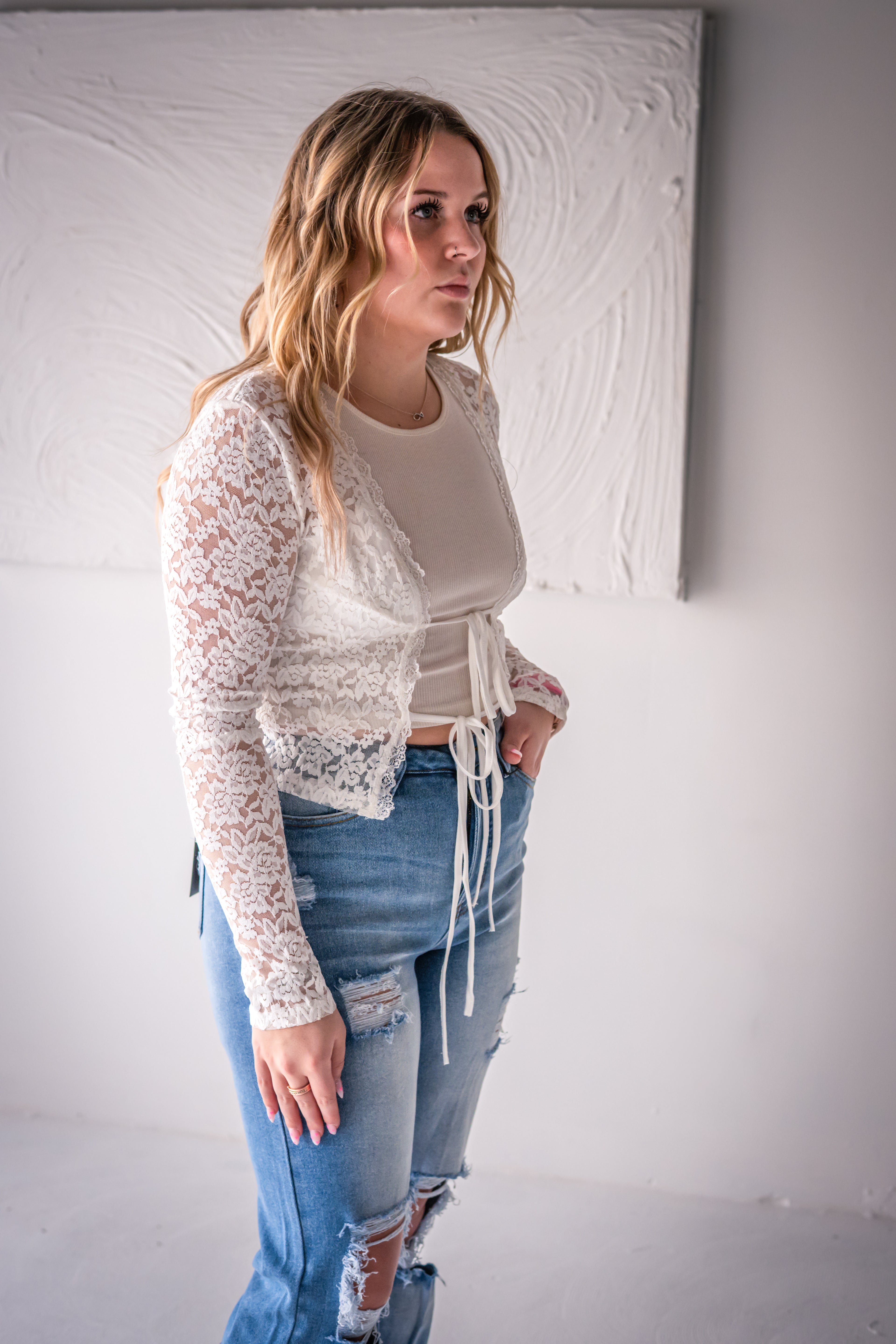 White Lace Tie-Front Top Boho Style