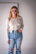 White Lace Tie-Front Top Boho Style