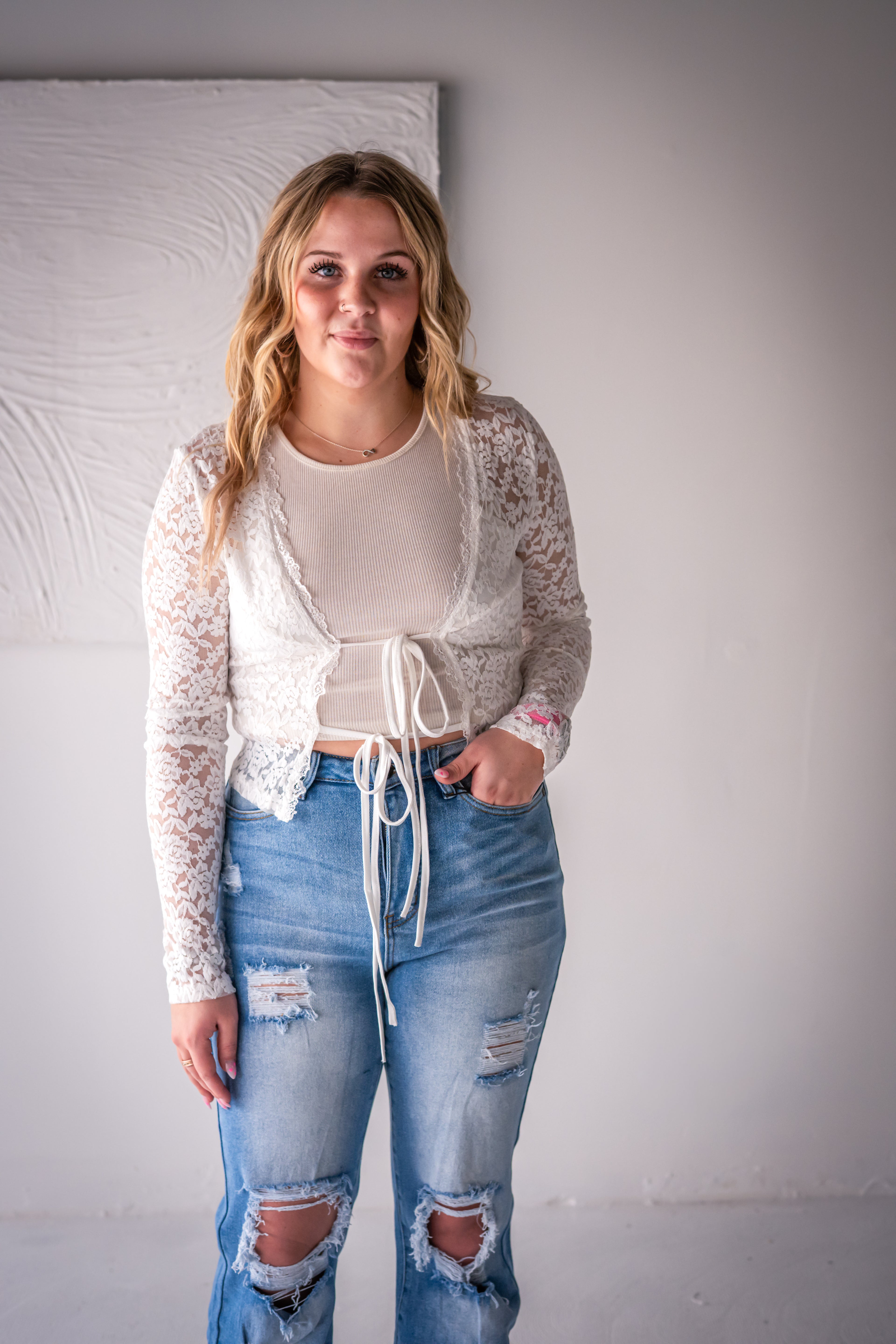 White Lace Tie-Front Top Boho Style