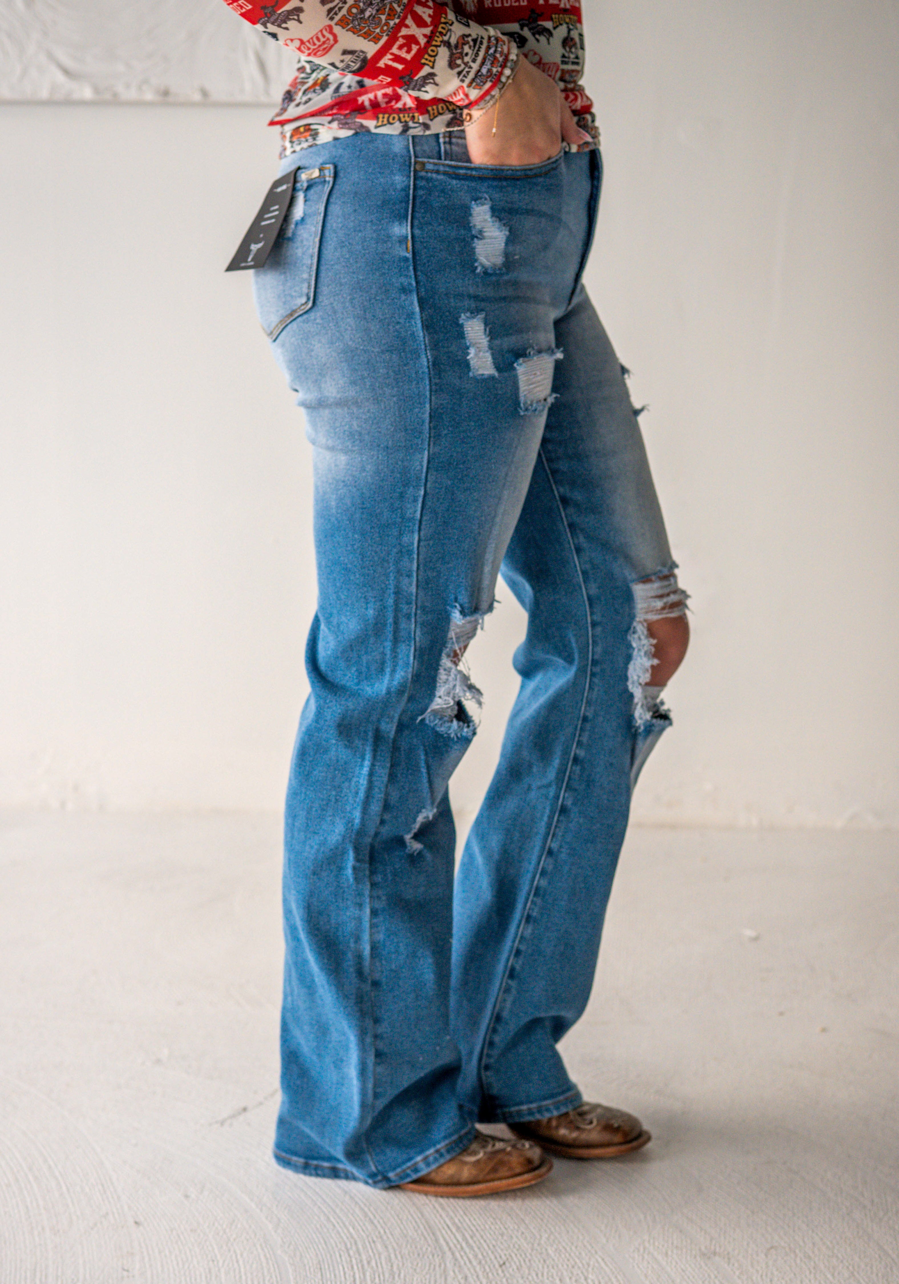 Light Wash High Rise Distressed Bootcut Jeans