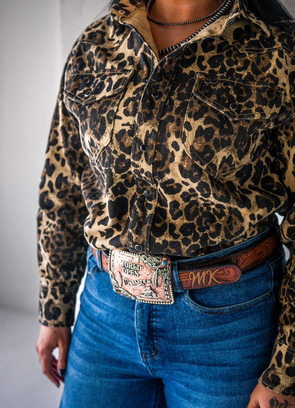 Leopard Denim Pearl Snap