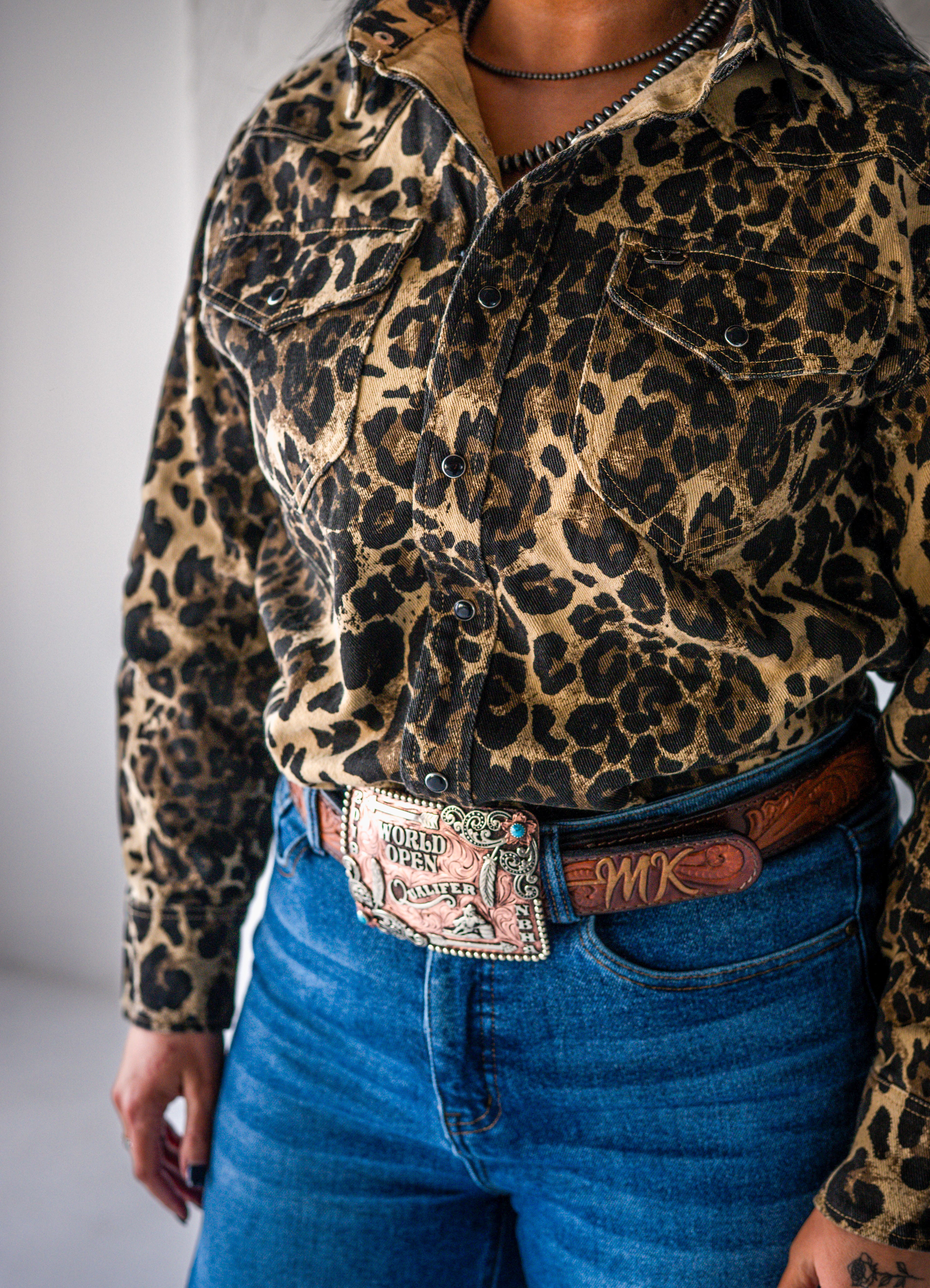 Leopard Denim Pearl Snap
