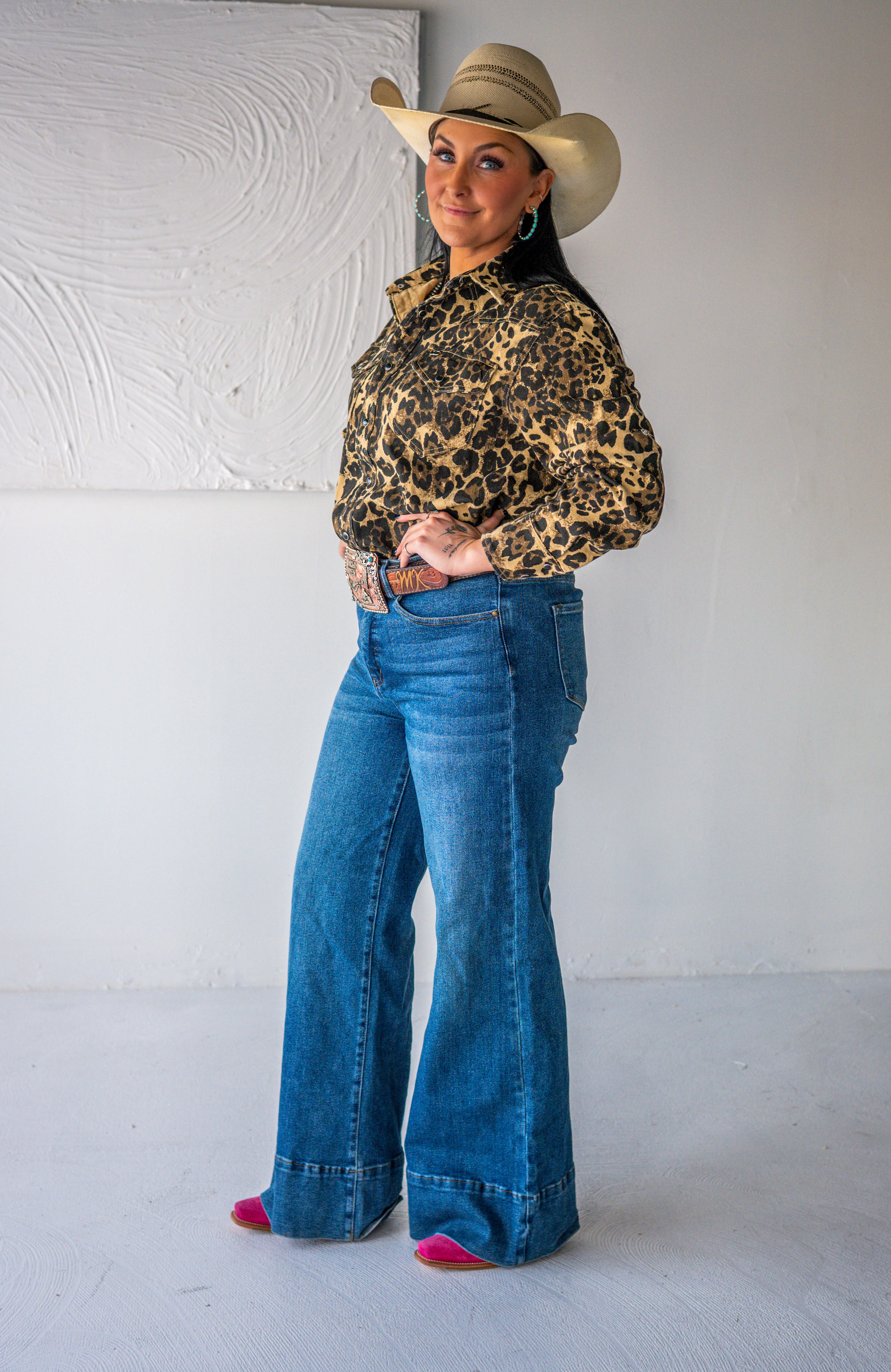 Leopard Denim Pearl Snap