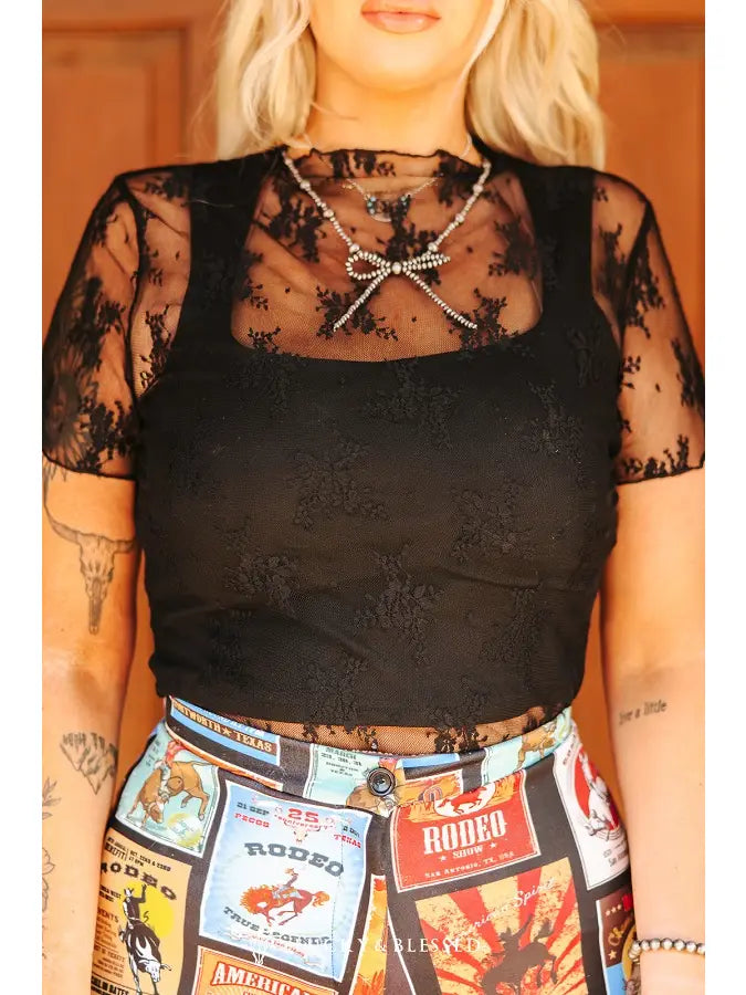 Black Mesh Short Sleeve Top