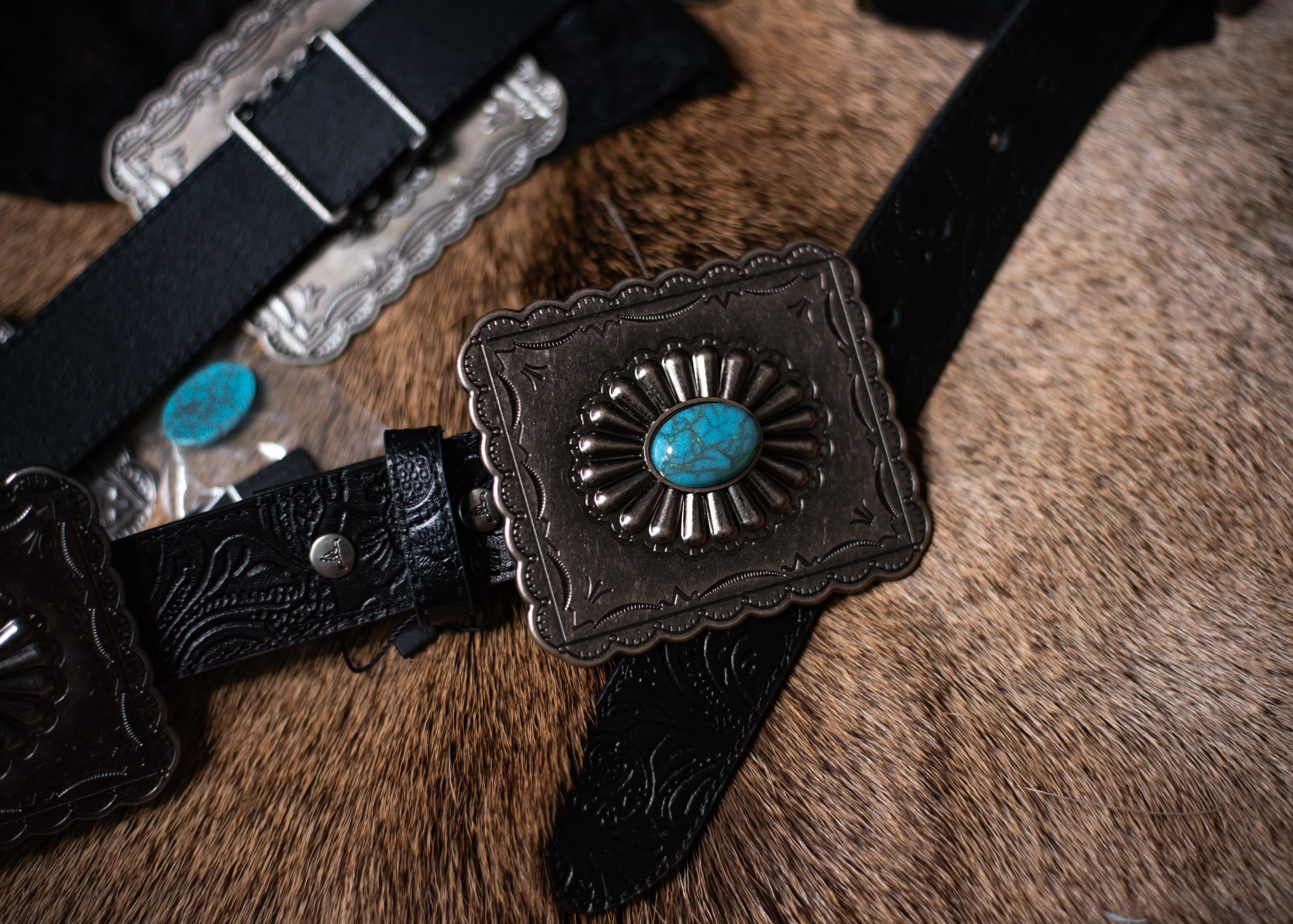 Black Tooled Squared Turquoise Concho Belt