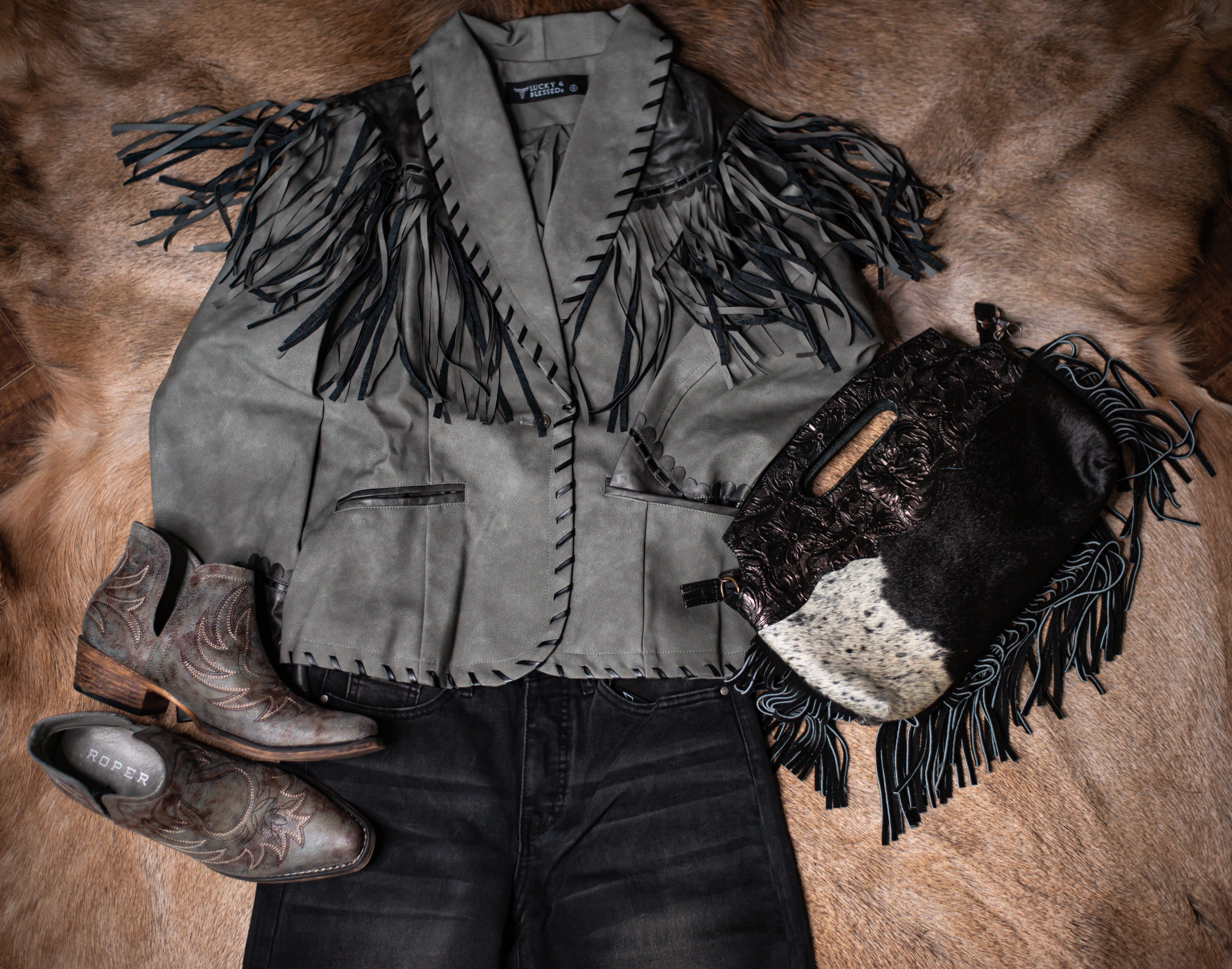 Black/Gray Worn Leather Jacket Hand Stitched Fringe Jacket