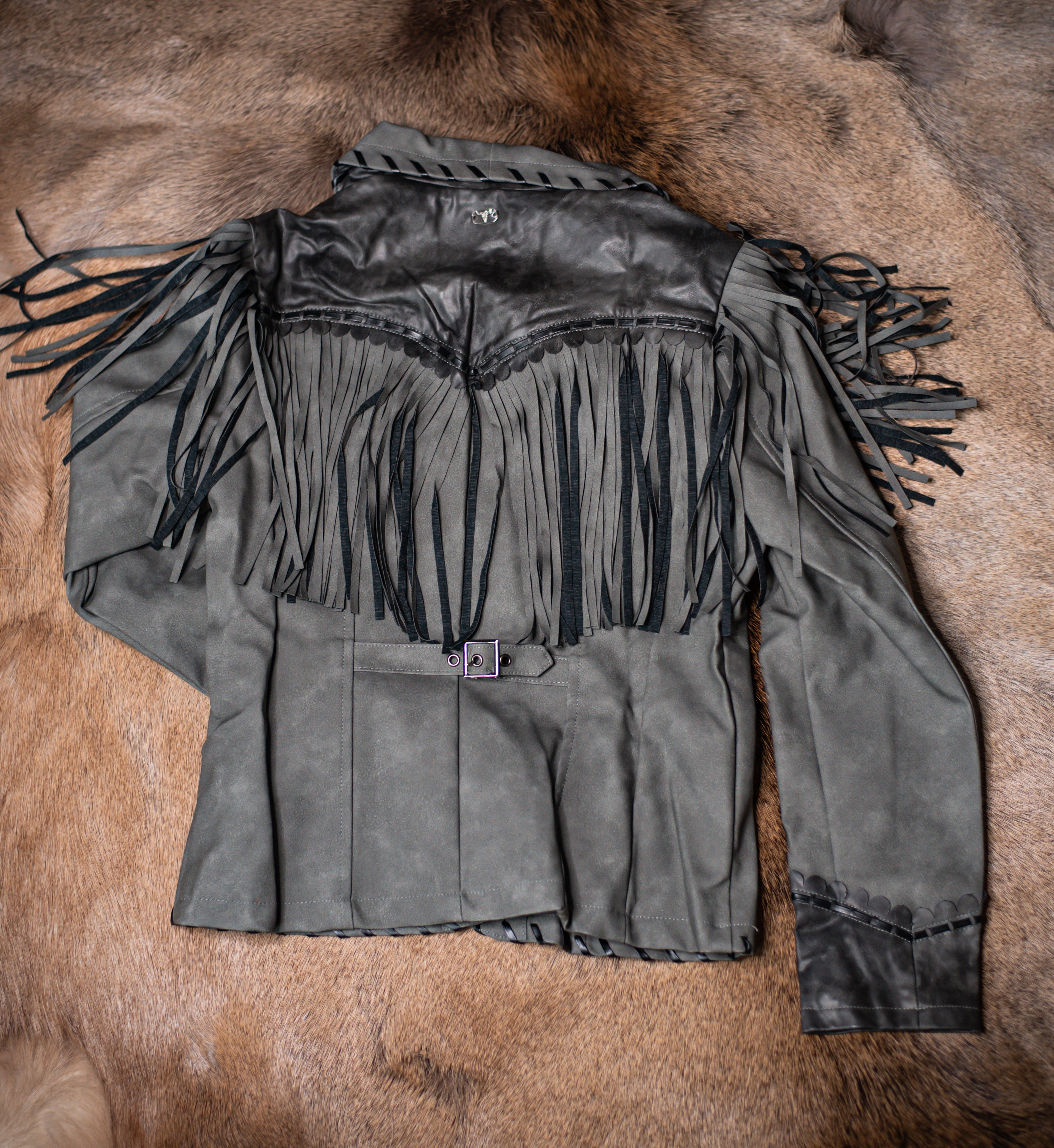 Black/Gray Worn Leather Jacket Hand Stitched Fringe Jacket