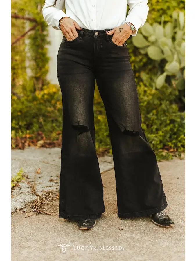 Black Wash High Rise Knee Rip Wide Leg Jeans