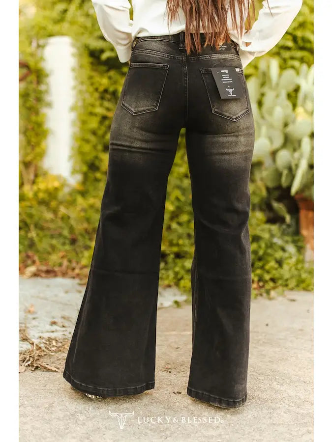 Black Wash High Rise Knee Rip Wide Leg Jeans