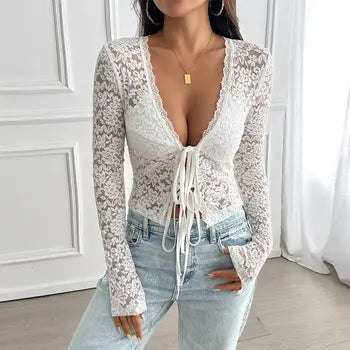 White Lace Tie-Front Top Boho Style